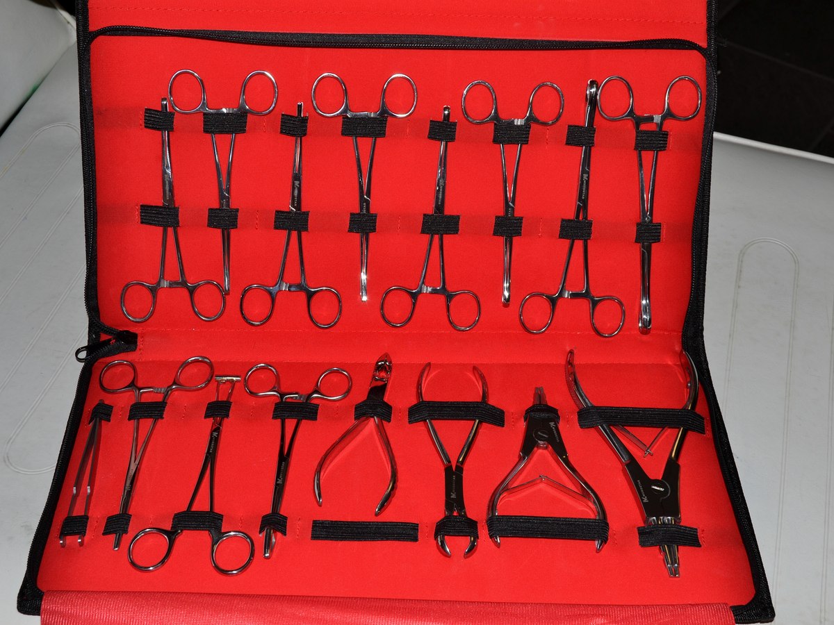 Piercing-Instrumente wie Klemmen und Zangen, sortiert im Etui